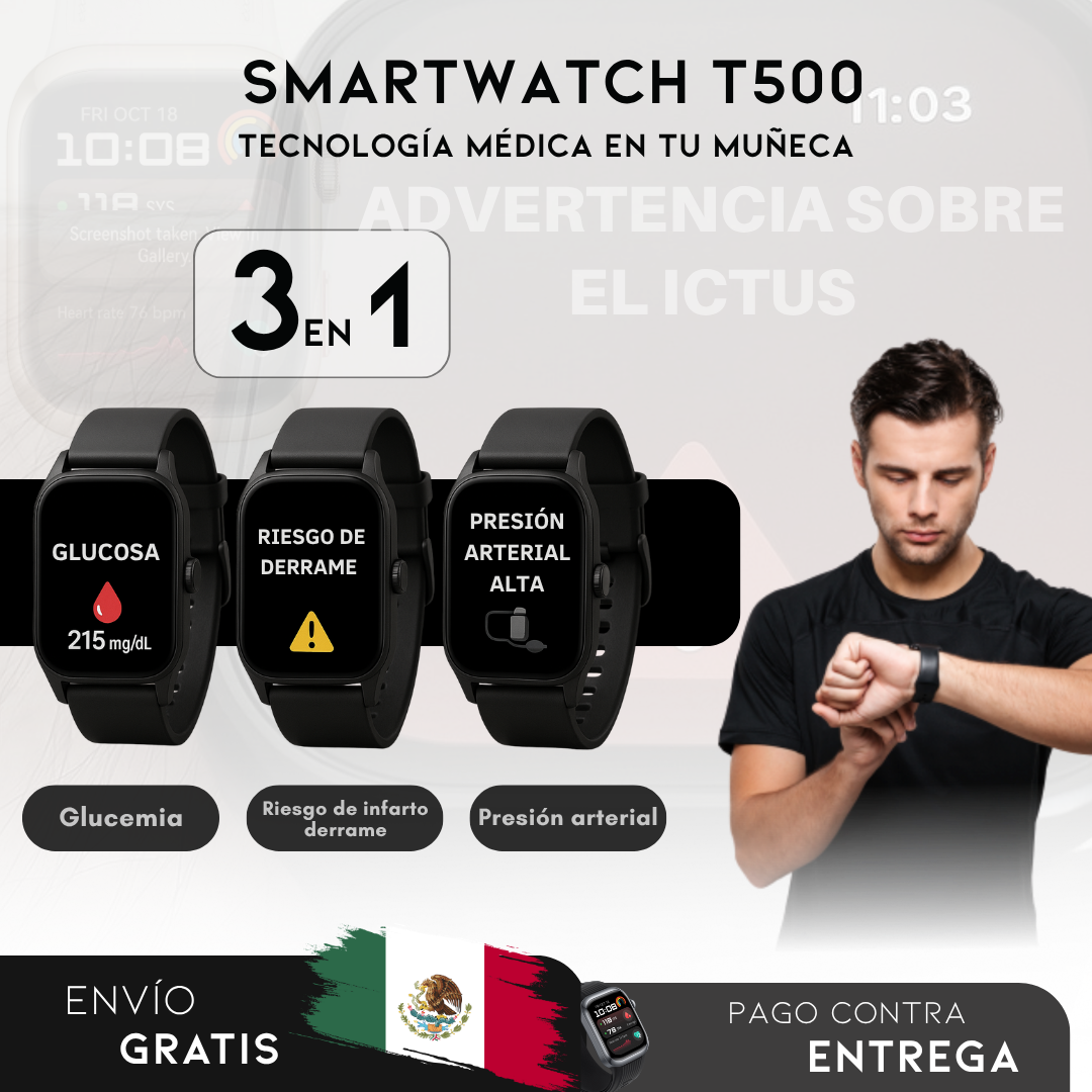 SmartWatch T500 – Monitor Médico 3 en 1 | Menú en español