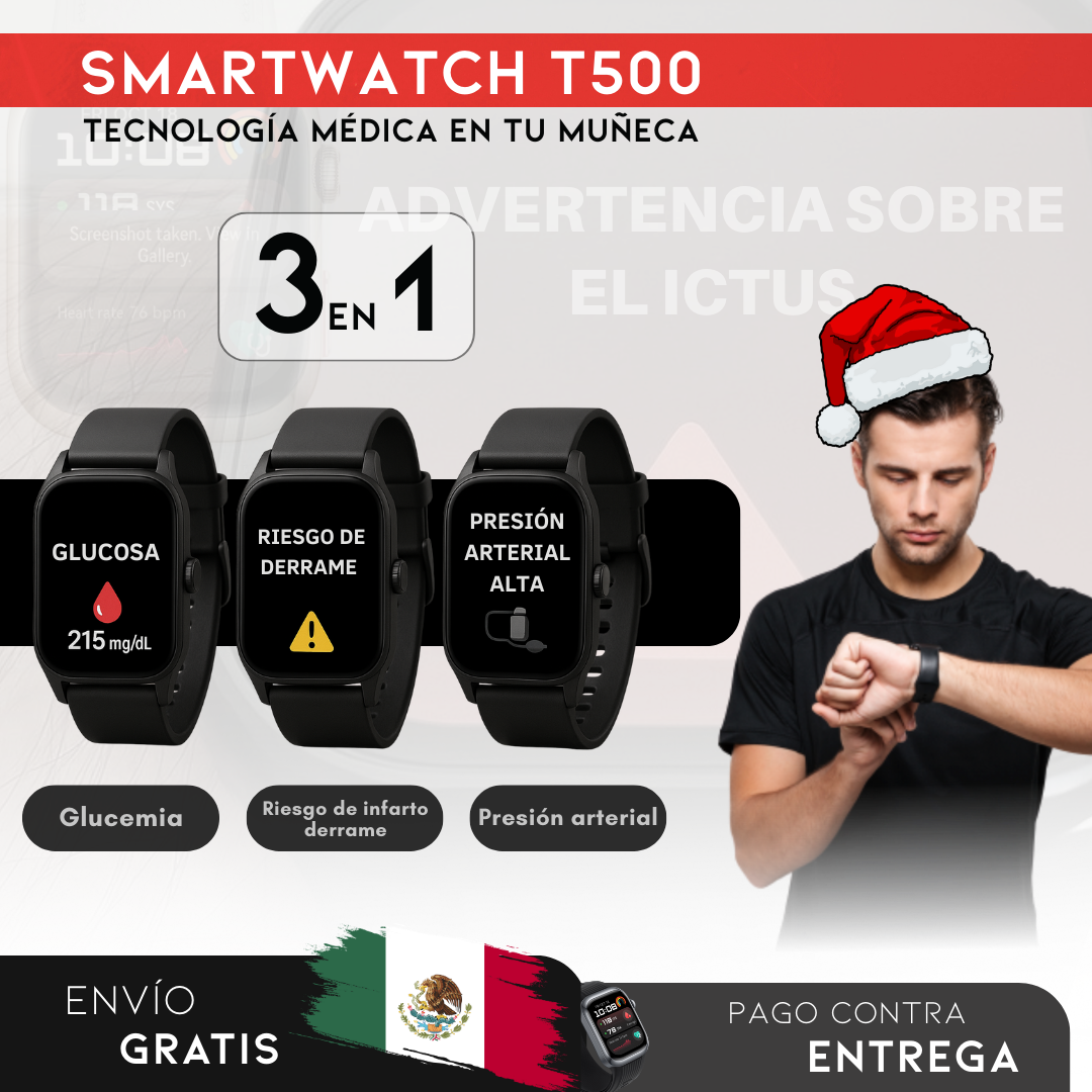 PROMOCIÓN DE NAVIDAD: SmartWatch T500 – Monitor Médico 3 en 1 (Glucosa, Presión, Riesgo de ACV) | Menú en español